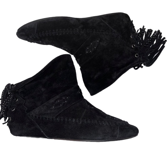 SAINT LAURENT black suede fringe studded moccasin ankle boot EU 39 US 9 boho new - Picture 4 of 10